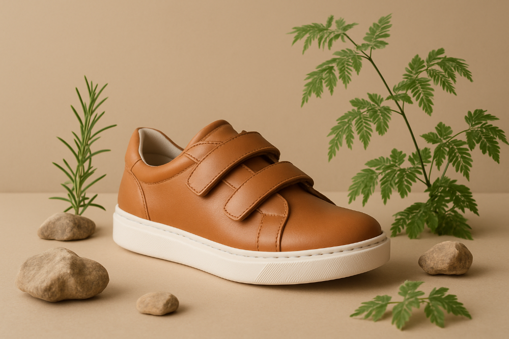 make a display picture of a shoe with two strap velcro and make it look like its on a paige backdrop adn its a wallpaper type of imasge with rocks and plants